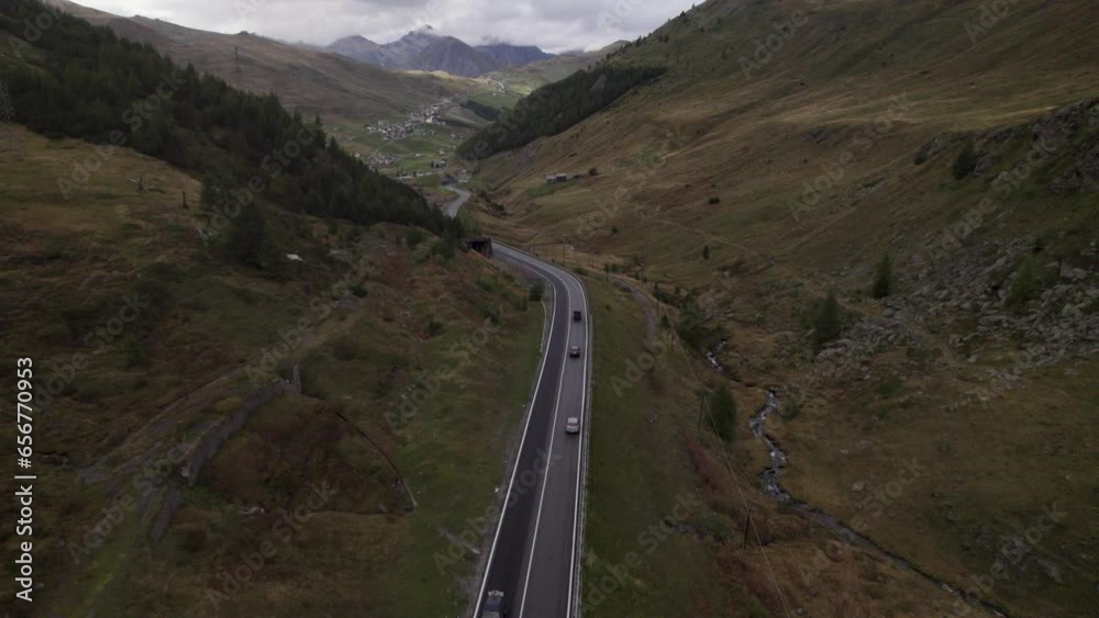 Forest Road Top View Europe Car Moving Up The Alps Aerial Footage Forest Road Top View Europe Car Moving Up The Alps Aerial Footage