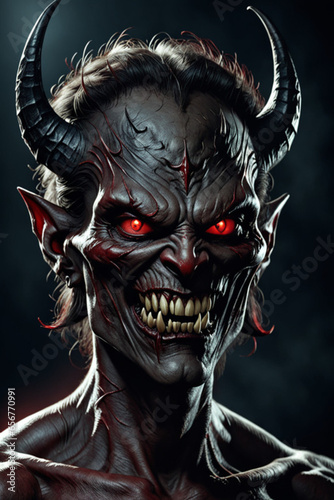 A close up of the devil's face: scary, fanged, red eyes, dark aura