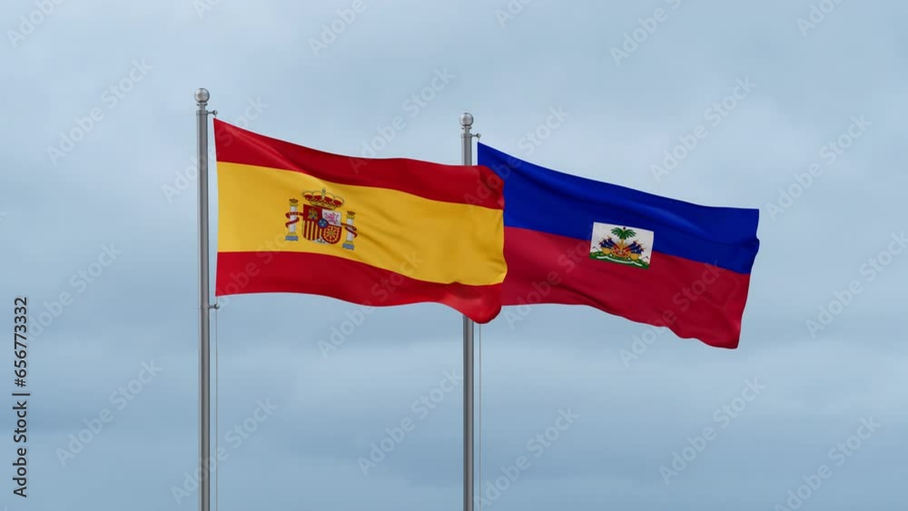 Haiti flag and Spain flag waving together on cloudy sky, endless seamless loop, two country relations concept Haiti flag and Spain flag waving together on cloudy sky, endless seamless loop, two country relations concept
