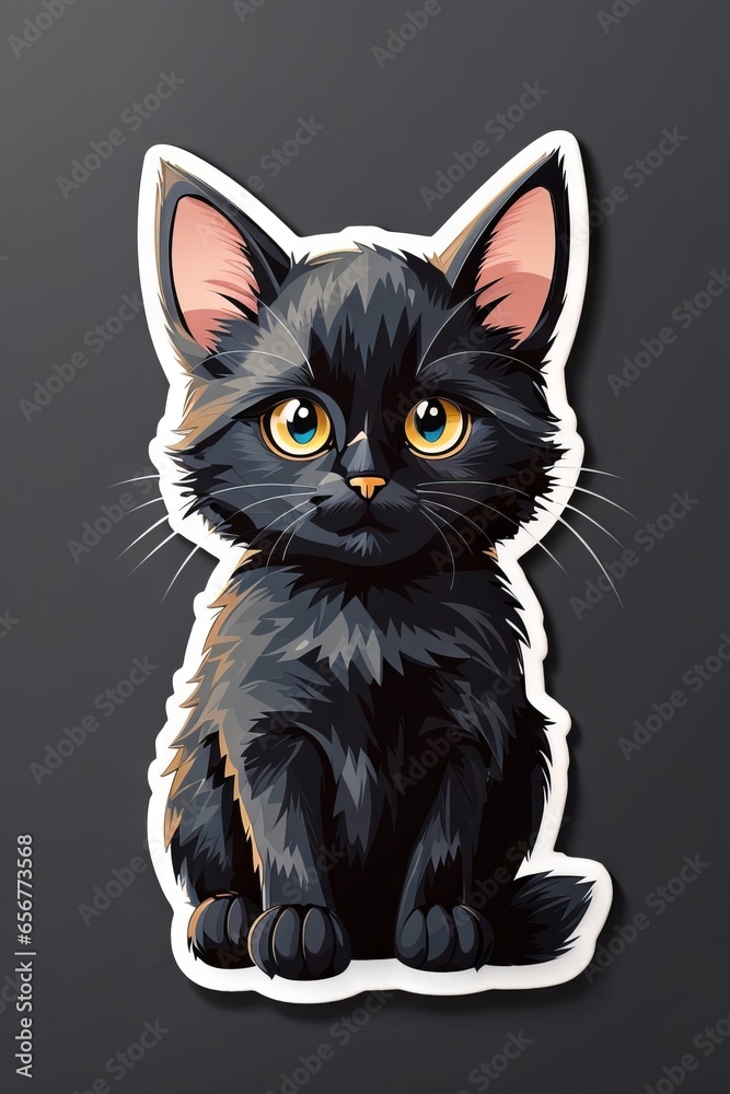 Charming Black Cat: Minimalist Cartoon Printable Sticker on White Background