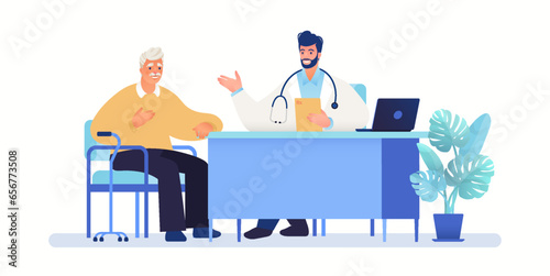 Medical care and health plan for elderly people Concept. Geriatric counseling of doctor and male patient making diagnosis. Vector flat cartoon illustration.
