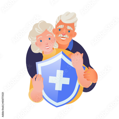 Medical care and health plan for elderly people Concept. Happy elderly embracing couple holding medical shield. Vector flat cartoon illustration.