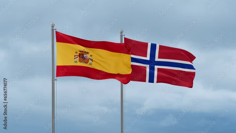 Norway flag and Spain flag waving together on cloudy sky, endless seamless loop, two country relations concept Norway flag and Spain flag waving together on cloudy sky, endless seamless loop, two country relations concept
