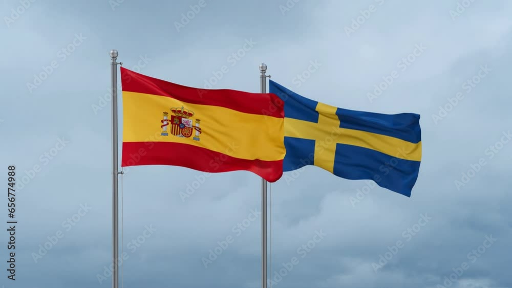 Sweden and Spain flag waving together on cloudy sky, endless seamless loop, two country cooperation concept Sweden and Spain flag waving together on cloudy sky, endless seamless loop, two country cooperation concept