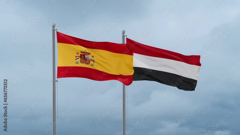 Yemen and Spain flag waving together on cloudy sky, endless seamless loop, two country cooperation concept