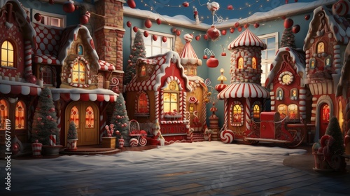 Christmas backdrop for photo studio, room with toys and snow © NAITZTOYA