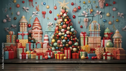 Christmas backdrop for photo studio, room with christmas tree and presents photo