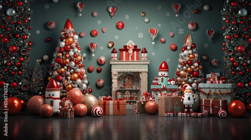 Christmas backdrop for photo studio, christmas tree,  presents and toys photo