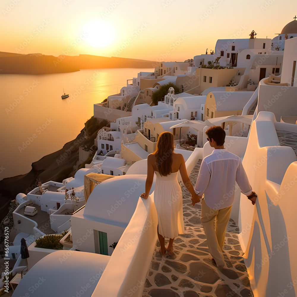 Couple looking at White Greek Houses next to the Sea at Sunset - obrazy, fototapety, plakaty 