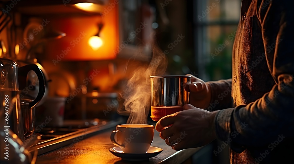 Barista Man making morning coffee. Brewing coffee hot drink process. Home kitchen dark interior. Cold weather. Coffee shop or bakery hot drink order.