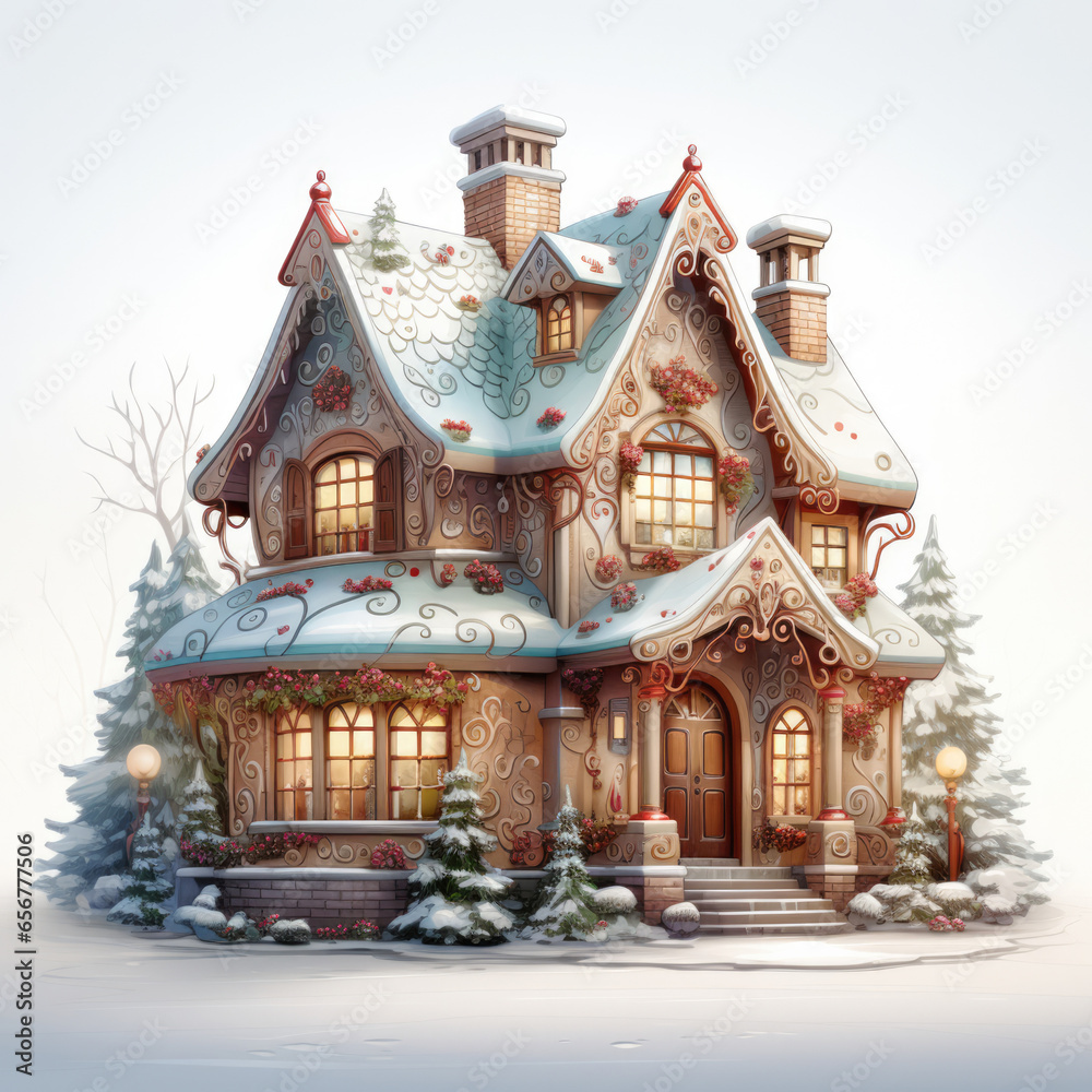 Magical gingerbread Christmas house in the forest. illustration on white background
