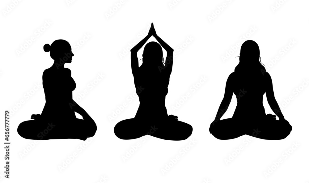 Set of female silhouettes doing yoga asanas. Vector illustration poses of yoga isolated on white background. Set yoga icon, icons. Silhouette of woman doing yoga pose - obrazy, fototapety, plakaty 