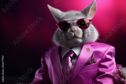 Cute funny anthropomorphic Chinchilla in clothes. Pink mood concept. Portrait with selective focus and copy space