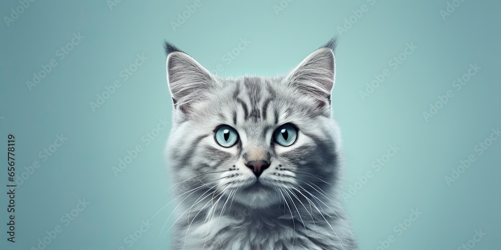 Cat portrait with copy space on blue background 