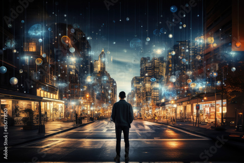 silhouette of a man standing on a futuristic street permeated with an electronic network. electronic communications. business technology concept. Social network.