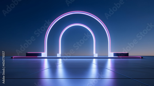 3d render of abstract futuristic arch architecture with neon light and empty concrete floor. photo