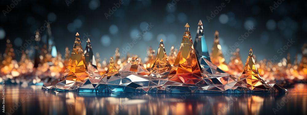 Beautiful abstract background. Transparent colorful glass piramids with bokeh lights. Banner. Iridescent design element for print, card, website, backdrop, wallpaper. - obrazy, fototapety, plakaty 
