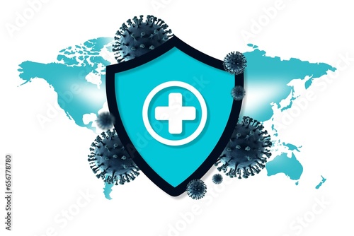 medical protection shield with virus and world map photo