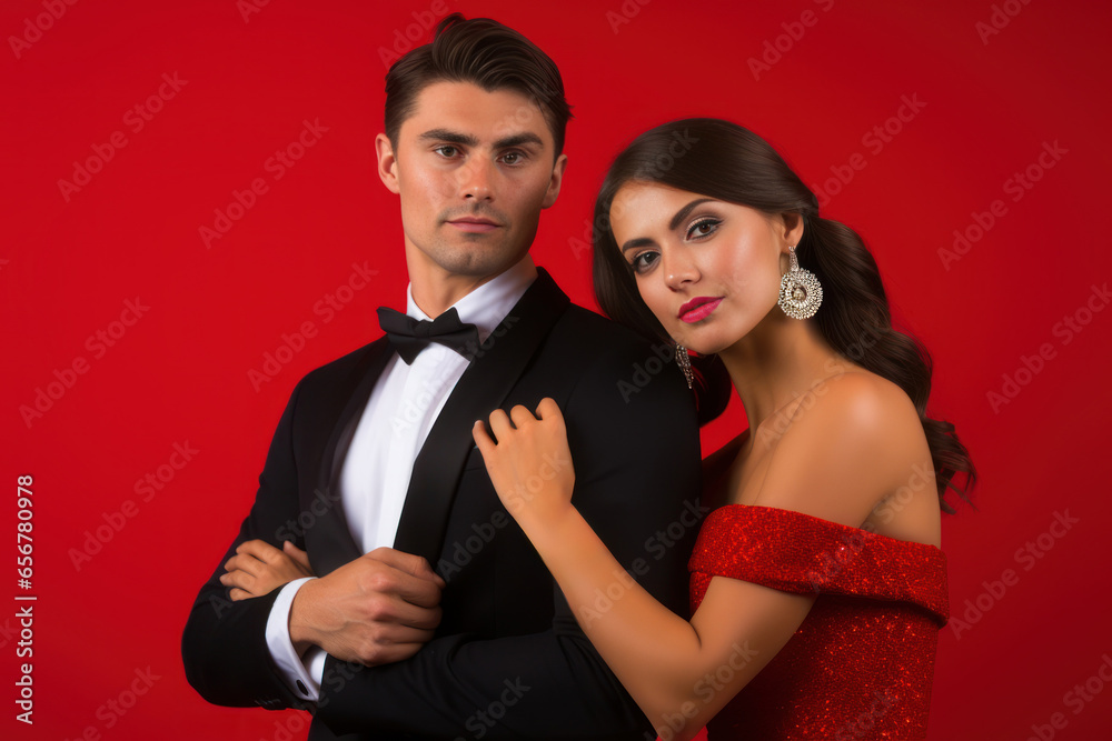 The couple in glamorous New Year's Eve attire, ready to celebrate the arrival of the new year in style on the solid red background. Generative AI The couple in glamorous New Year's Eve attire, ready to celebrate the arrival of the new year in style on the solid red background. Generative AI