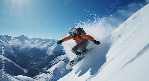 Snowboarder at jump inhigh mountains at sunny day
 photo