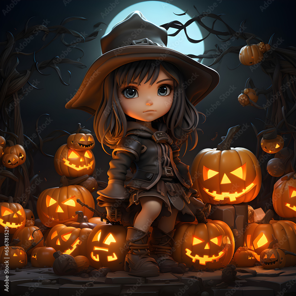 Fototapeta premium Halloween witch with pumpkins on dark background, 3D illustration, Ai Generated