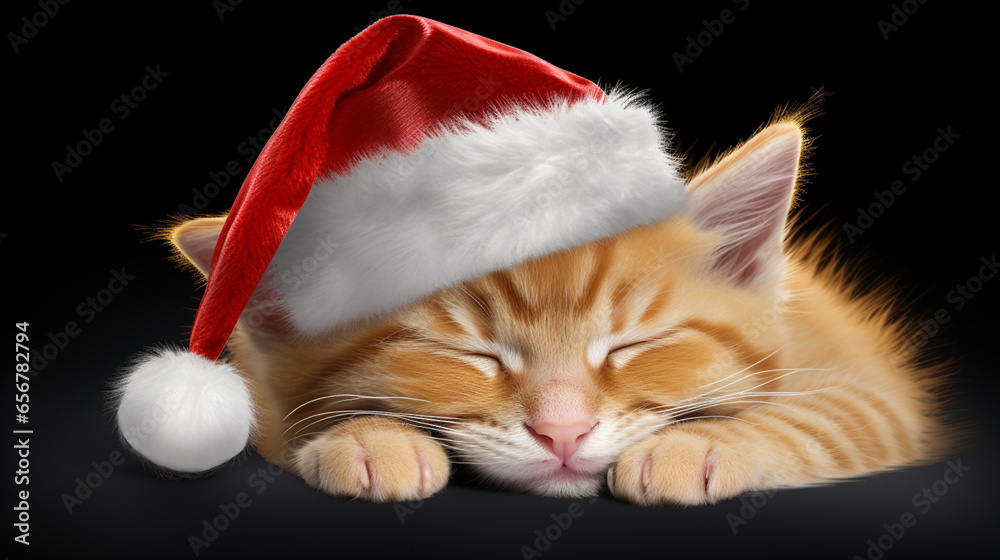 red kitten in Santa Claus hat sleeping with a gift. ai generative red kitten in Santa Claus hat sleeping with a gift. ai generative