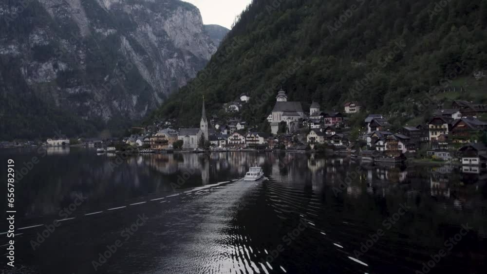 Aerial View of Austrian City. Hallstatt Drone Shot from Hallstatt near the Lake. Tourism Concept Aerial View of Austrian City. Hallstatt Drone Shot from Hallstatt near the Lake. Tourism Concept