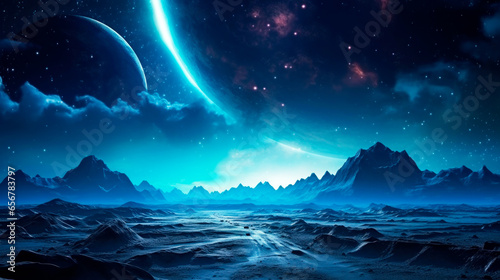 Futuristic landscape with mountains and planets at night