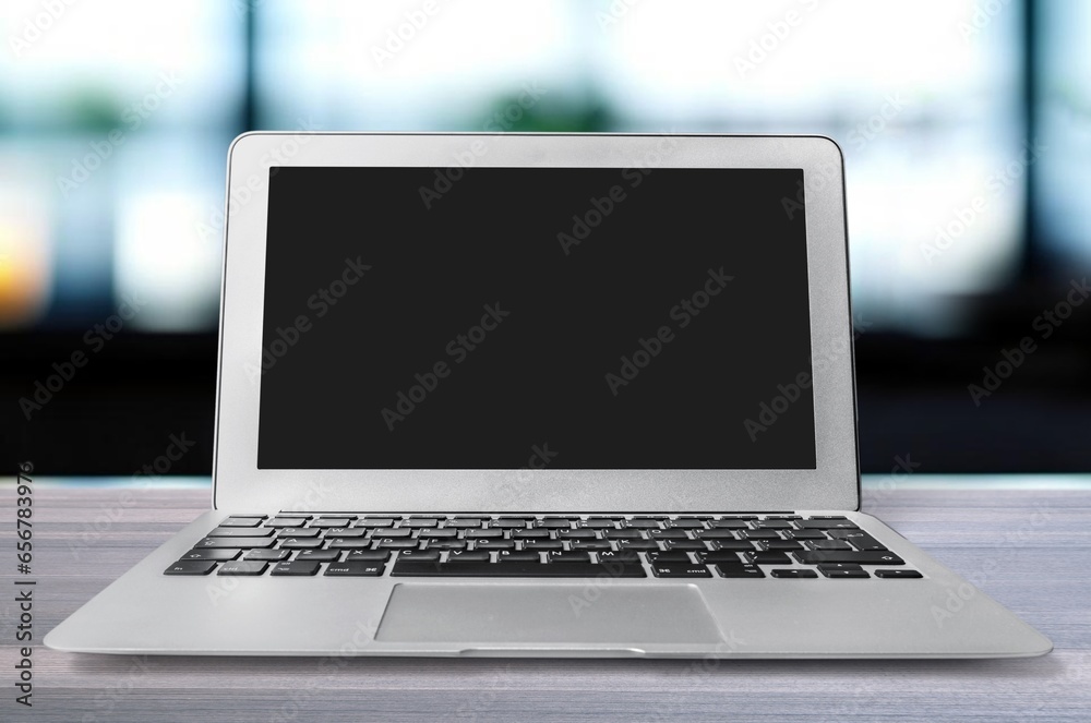 Laptop computer with blank screen on office desk, AI generated image Laptop computer with blank screen on office desk, AI generated image