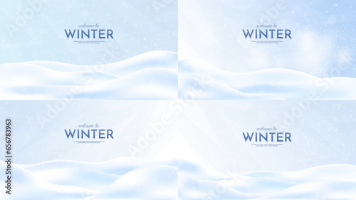 Vector illustration. Flat landscape. Snowy background. Snowdrifts. Snowfall. Clear blue sky. Blizzard. Cartoon wallpapers set. Cold weather. Winter season. Minimal backgrounds collection