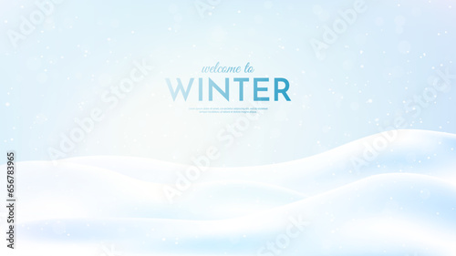 Vector illustration. Flat landscape. Snowy background. Snowdrifts. Snowfall. Clear blue sky. Blizzard. Cartoon wallpaper. Cold weather. Winter season.  Empty template design with copy space