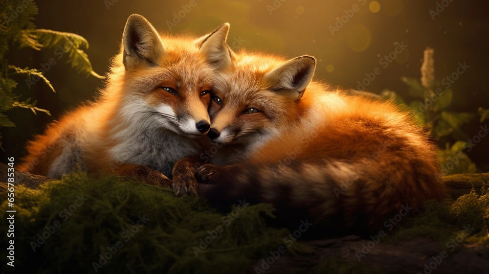 Fototapeta premium A visual representation of foxes in European mythology, with space for text. Background image, AI generated