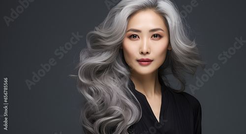 Beautiful aging and mature Asian woman with flawless skin. Flowing grey hair. Healthy smile