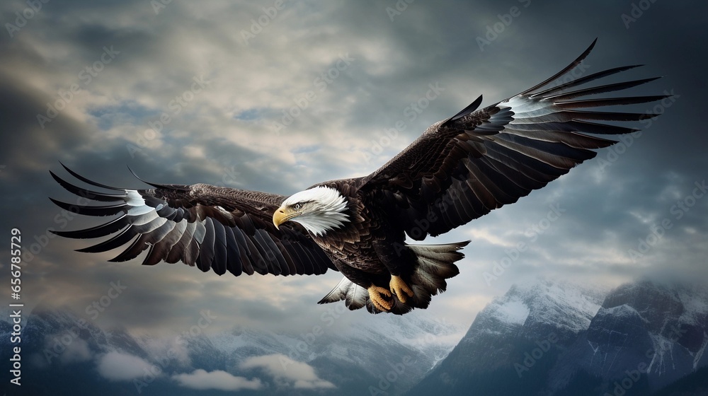 Naklejka premium An image featuring a majestic eagle soaring in flight against a textured sky, with space for text. Background image, AI generated