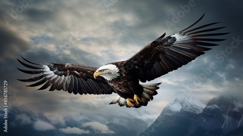 An image featuring a majestic eagle soaring in flight against a textured sky, with space for text. Background image, AI generated © Hifzhan Graphics
