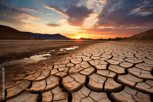 Dried lake. Cracked earth. Global warming