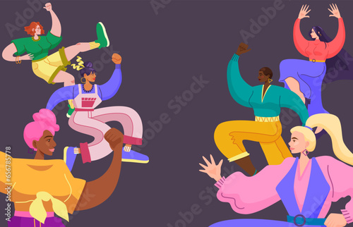 Girl power and feminist movement concept. Happy women international team. You go girl. Strong women jumps. Gender equality and empowerment. Women's day. Cartoon flat vector illustration.