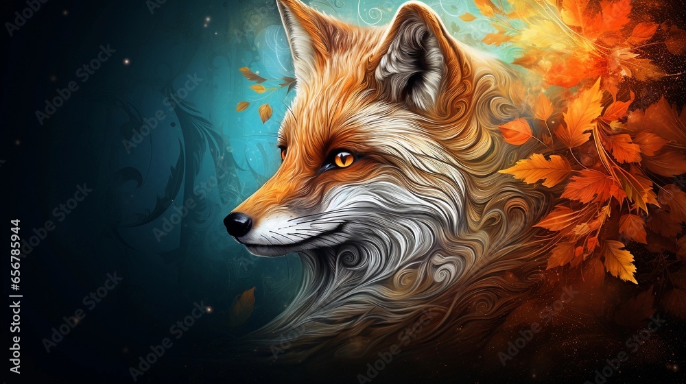 An image highlighting the fox's head in various folklore and mythology contexts with space for text. Background image, AI generated - obrazy, fototapety, plakaty 