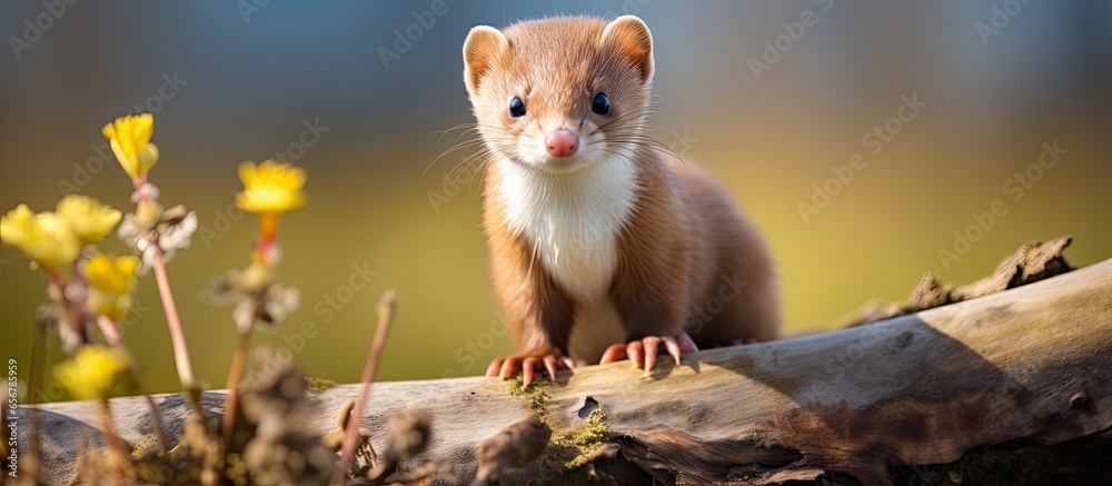 British Wildlife Stoat in Springtime perched on a log in natural grassy habitat facing right Close up - obrazy, fototapety, plakaty 
