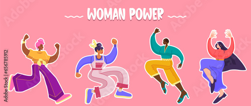 Girl power and feminist movement concept. Happy women international team. You go girl. Strong women jumps. Gender equality and empowerment. Women's day. Cartoon flat vector illustration.