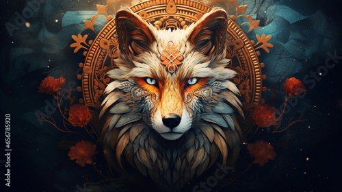 An image highlighting the fox s head in various folklore and mythology contexts with space for text. Background image  AI generated