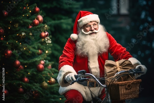 Père Noël à vélo passant devant un sapin de noël. photo