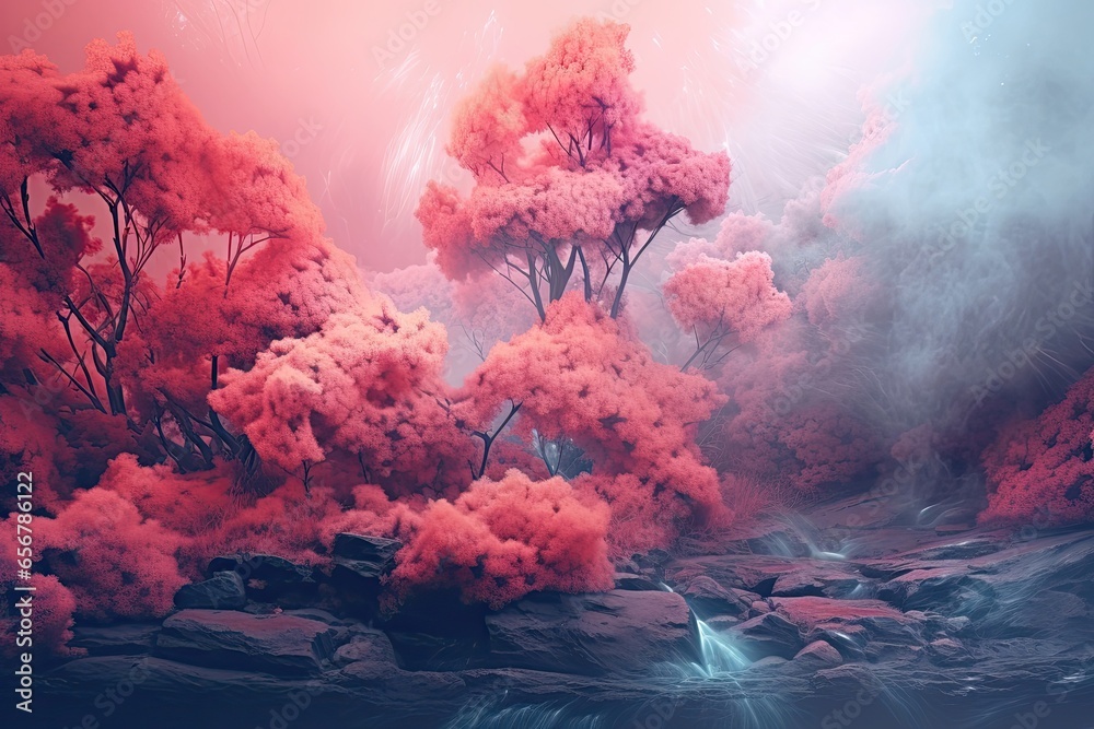 Fototapeta premium landscape with fog and trees Generative Ai