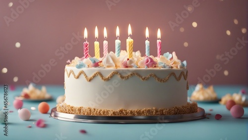 Birthday cake with candles and decoration  blurry background