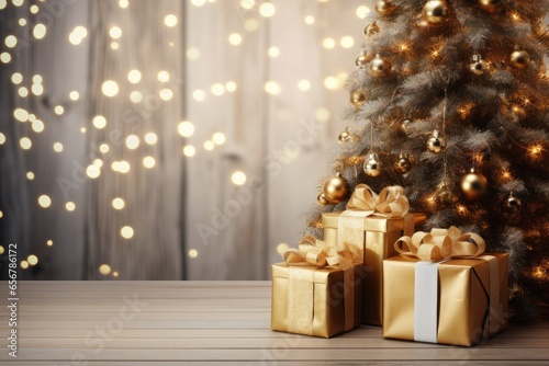 Beautiful Christmas gift boxes on floor near fir tree in room © InfiniteStudio