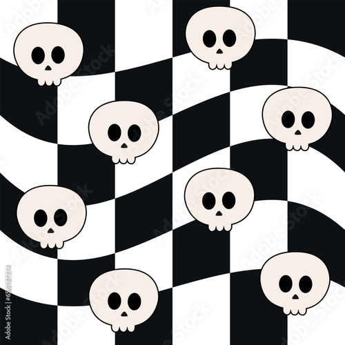 Vector seamless pattern of groovy Halloween skull isolated on chessboard background