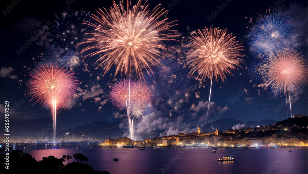 Fuochi d'artificio sul lago di sera per la festa del paese