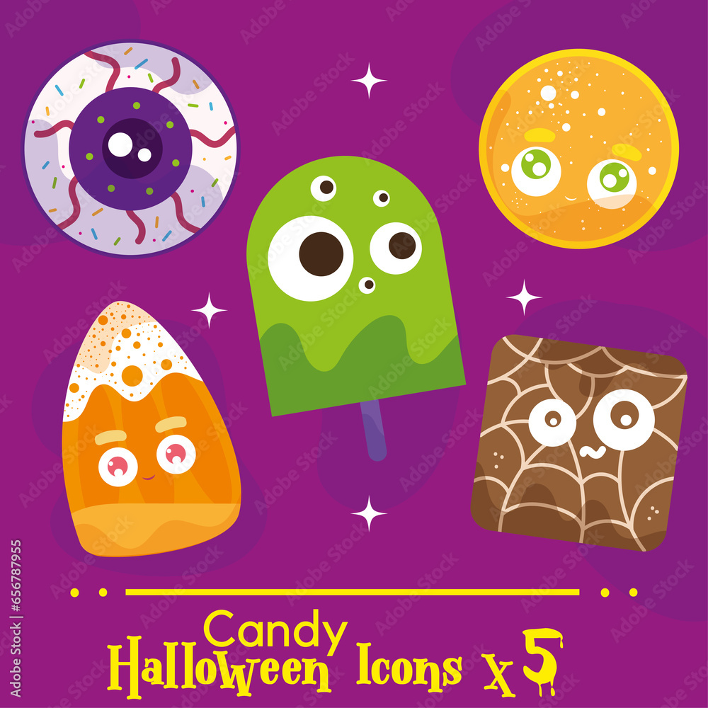 Obraz premium VECTOR SET CANDY HALLOWEEN CUTE ILLUSTRATIONS AND ICONS, GUMMY, BROWNIE, EYE, POPSICLE. ISOLATED ON PURPLE