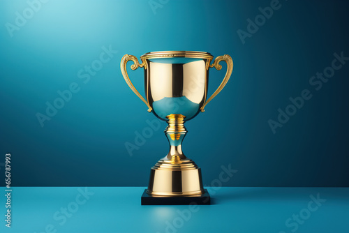 a golden trophy on a blue pedestal against a blue background with a light reflection on the floor photo