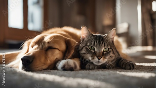 cat and dog sleep together in friendship